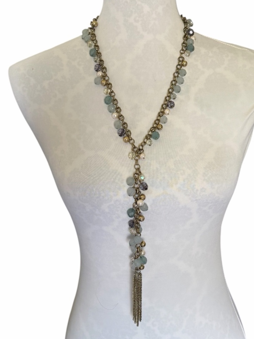 Beaded Y-Necklace with Tassel Pendant | Aqua Gray Crystal Pearl Boho Statement